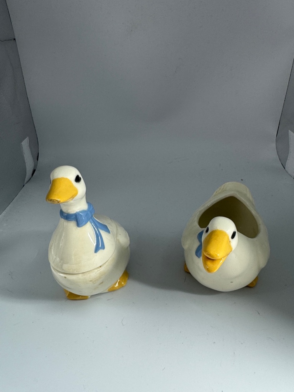Vintage Duck/Goose ? Creamer & Sugar?in White with Yellow Beaks and Blue Bows